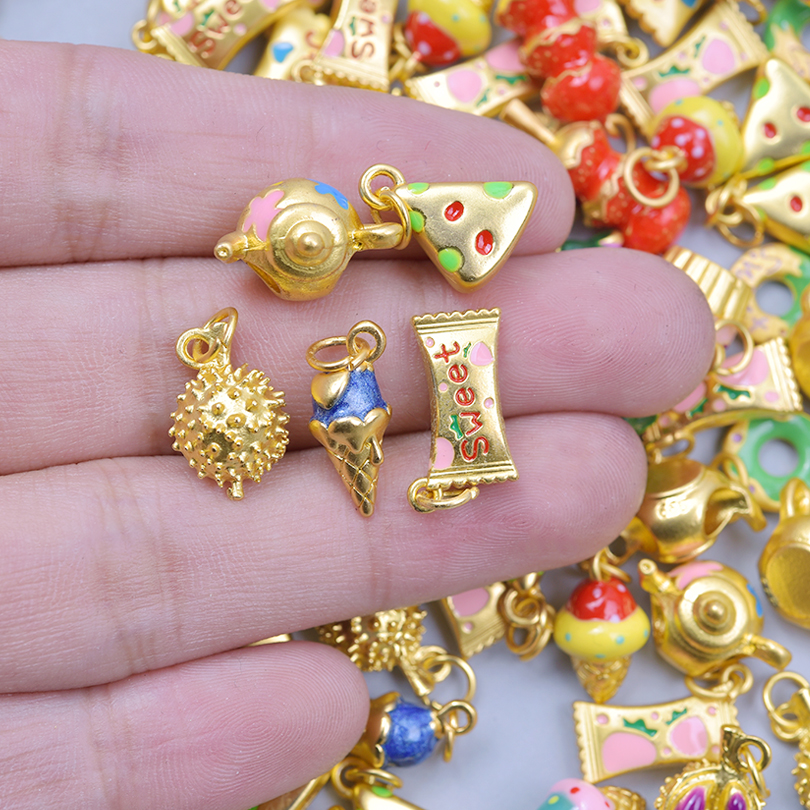 13pcs/Lot Mix Dessert Cake Ice Cream 3D Gold Color Enamel Charms For Jewelry Making Supplies Candy DIY Cute Pendant Accessories
