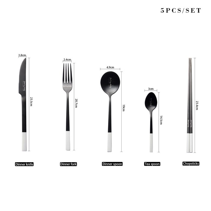 Nordic Stainless Steel Cutlery Set Black and White Western Tableware Knife Fork Spoon Set Chopsticks Creativedinnerware Set: Set B-5pcs