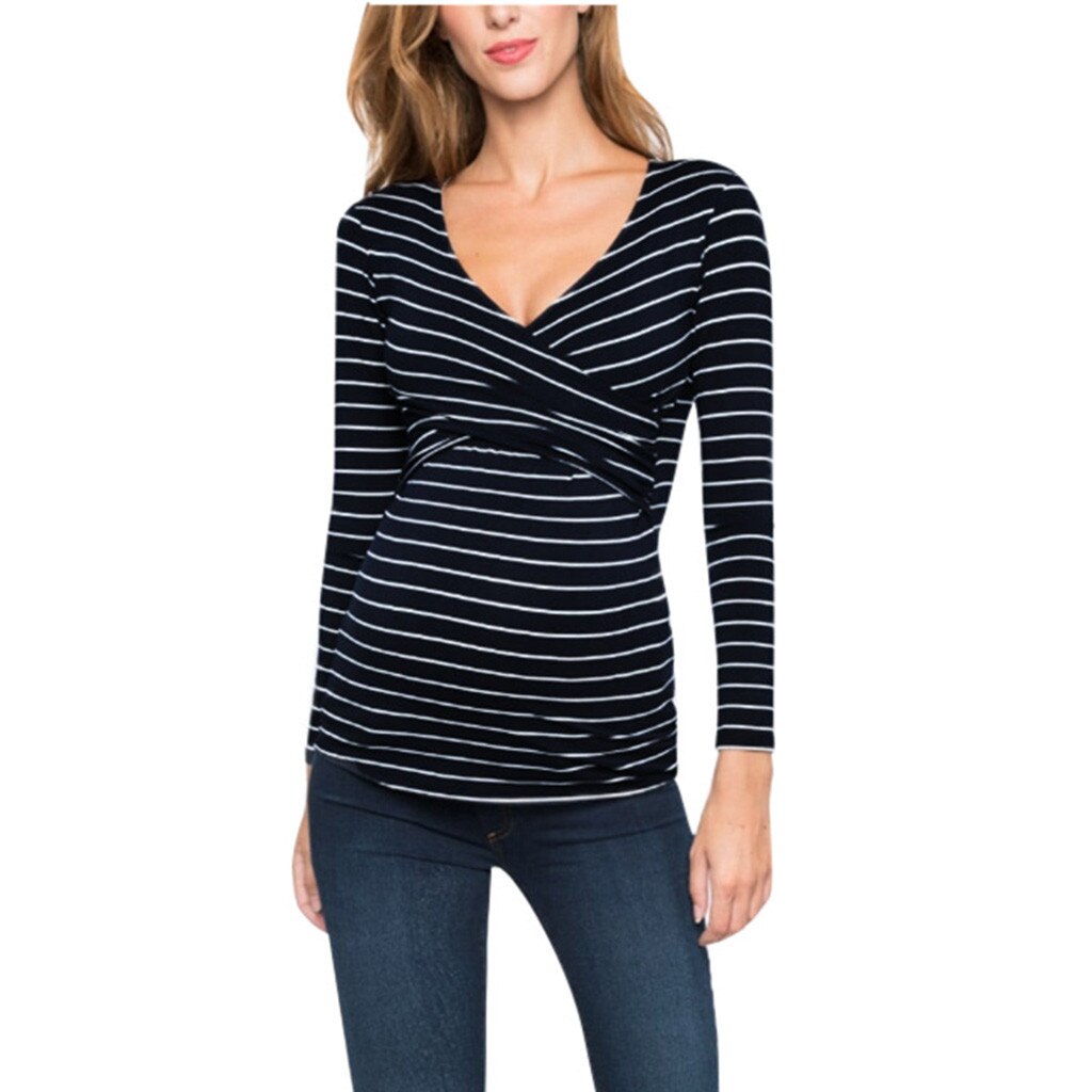 4 # Dames Moederschap Tees Zwangere Vrouwen Borstvoeding Streep Lange Mouw Tees Zwangere Tees Gestreepte T-shirt Zwangerschap T-shirt
