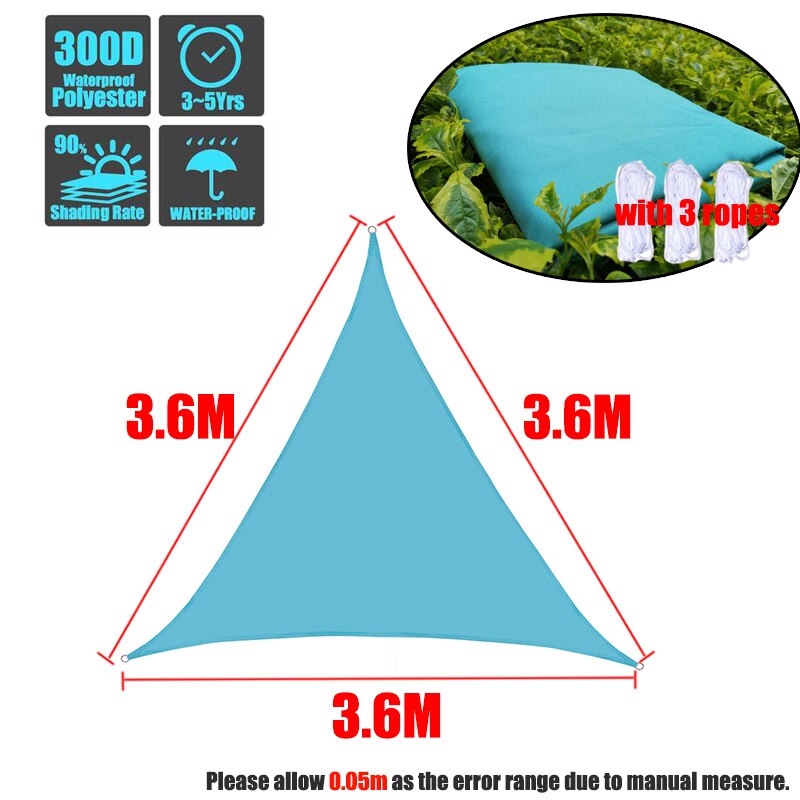 300D 8 sizes Regular Triangle Shade Sail Waterproof Polyester awning Sky blue Sun Outdoor Sun Shelter garden Camping Canopy shed: 3.6x3.6x3.6m