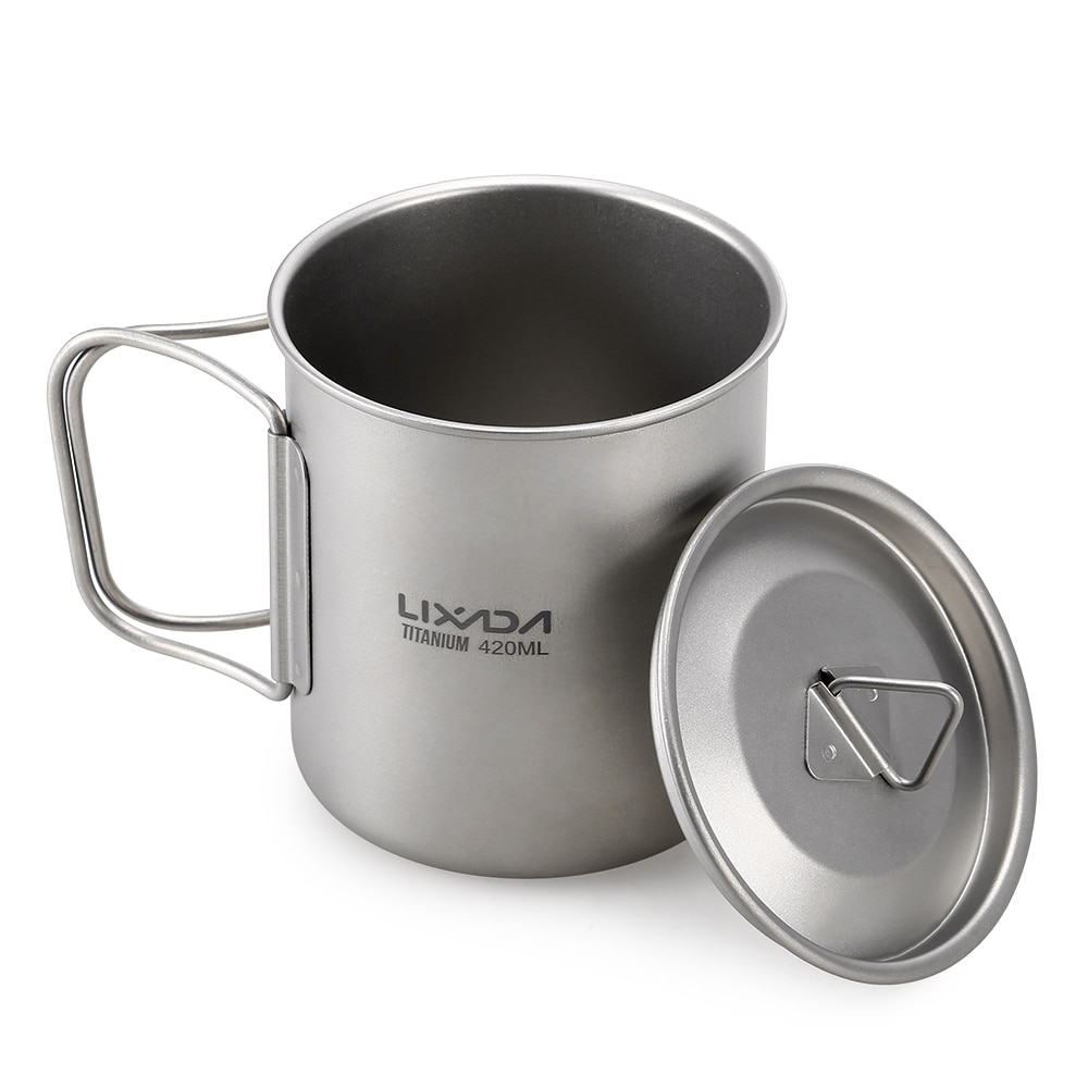 Vajilla de titanio para exteriores Lixada, olla de 750ml, tazón taza de agua de 420ml con tapa, mango plegable, deportiva para Camping, Picnic, senderismo, Viajes