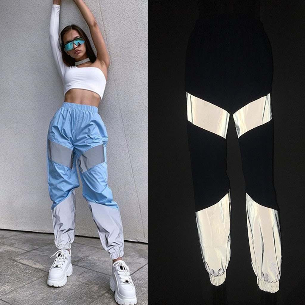 Women Mid-rise Splicing Reflective Sweatpants Street Casual Splicing Reflective Light Loose Pants Sport Pants#P25: S