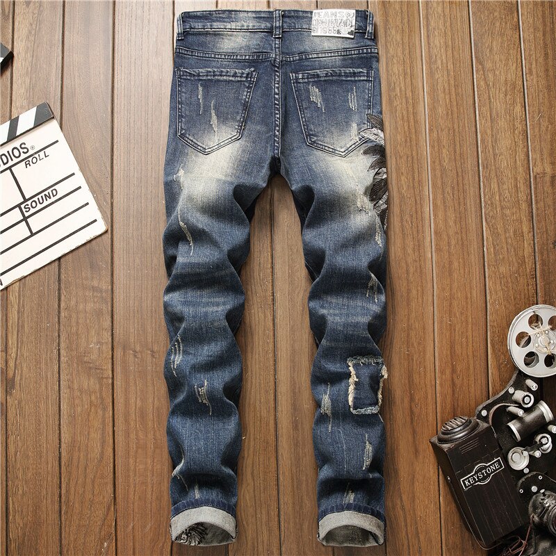 AUTUMN Winter Men's Patchwork Ripped Embroidered Stretch Jeans Trendy Holes Straight Denim Trouers