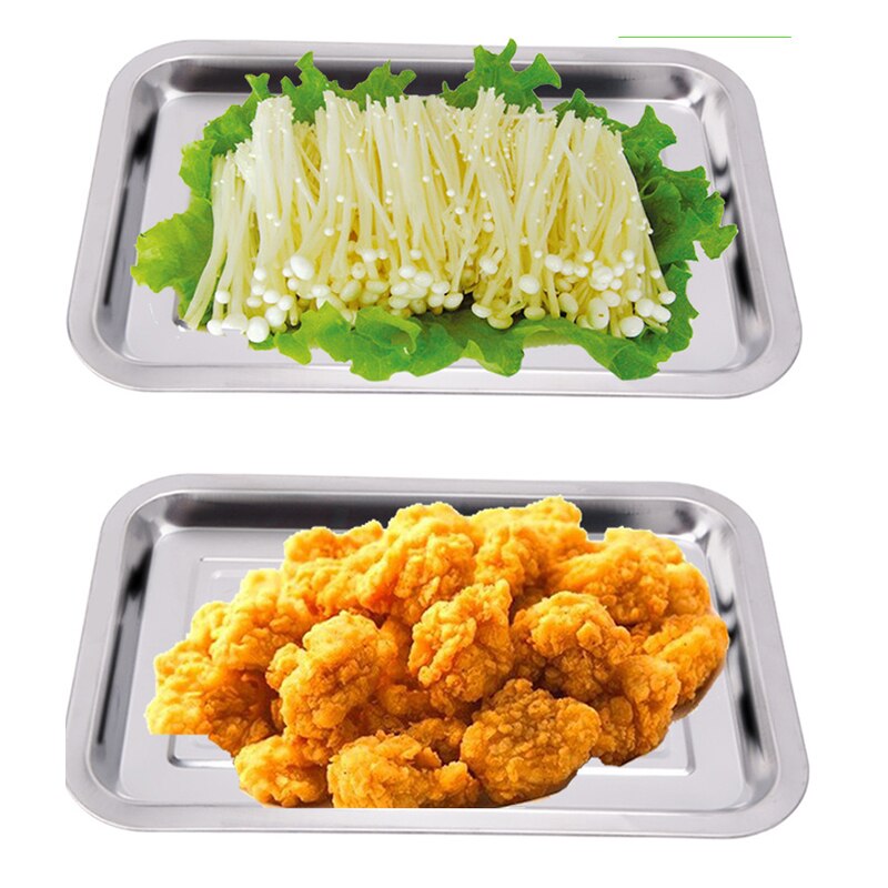 32*22Cm Dikke Lange Vierkante Zilveren Roestvrij Staal Bbq Accessoires Barbecue Voedsel Lade Vlakke Bodem Outdoor Camping Bbq huishouden