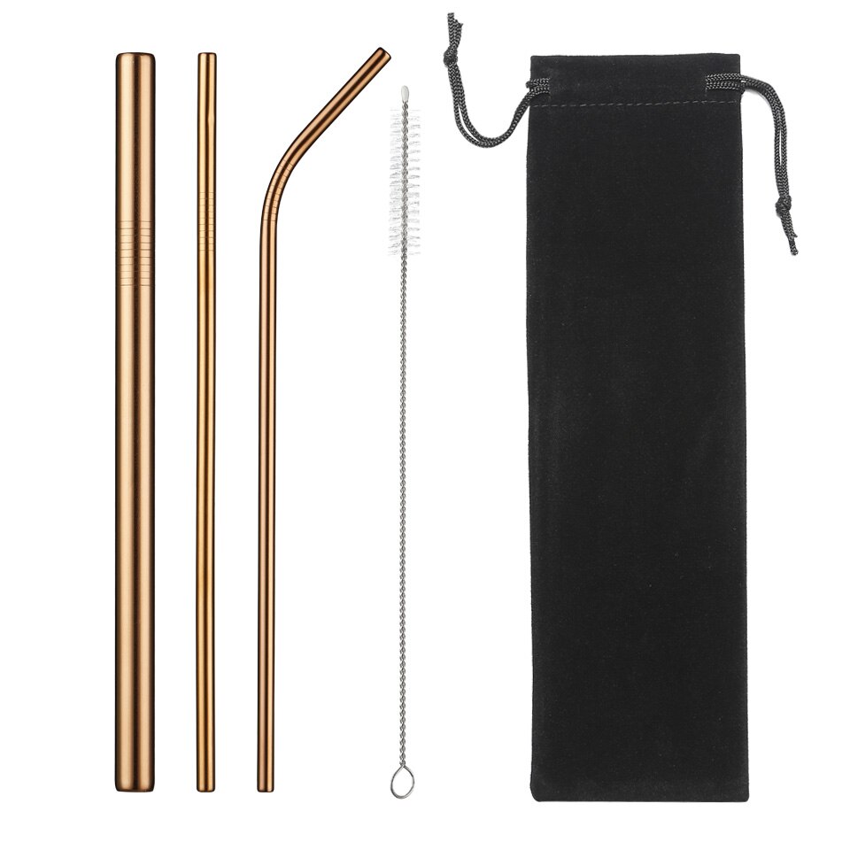 Metal Reusable Straw Eco-Friendly 304 Stainless Steel Straw Smoothies Drinking Straws Set with Brush &amp; Bag: S