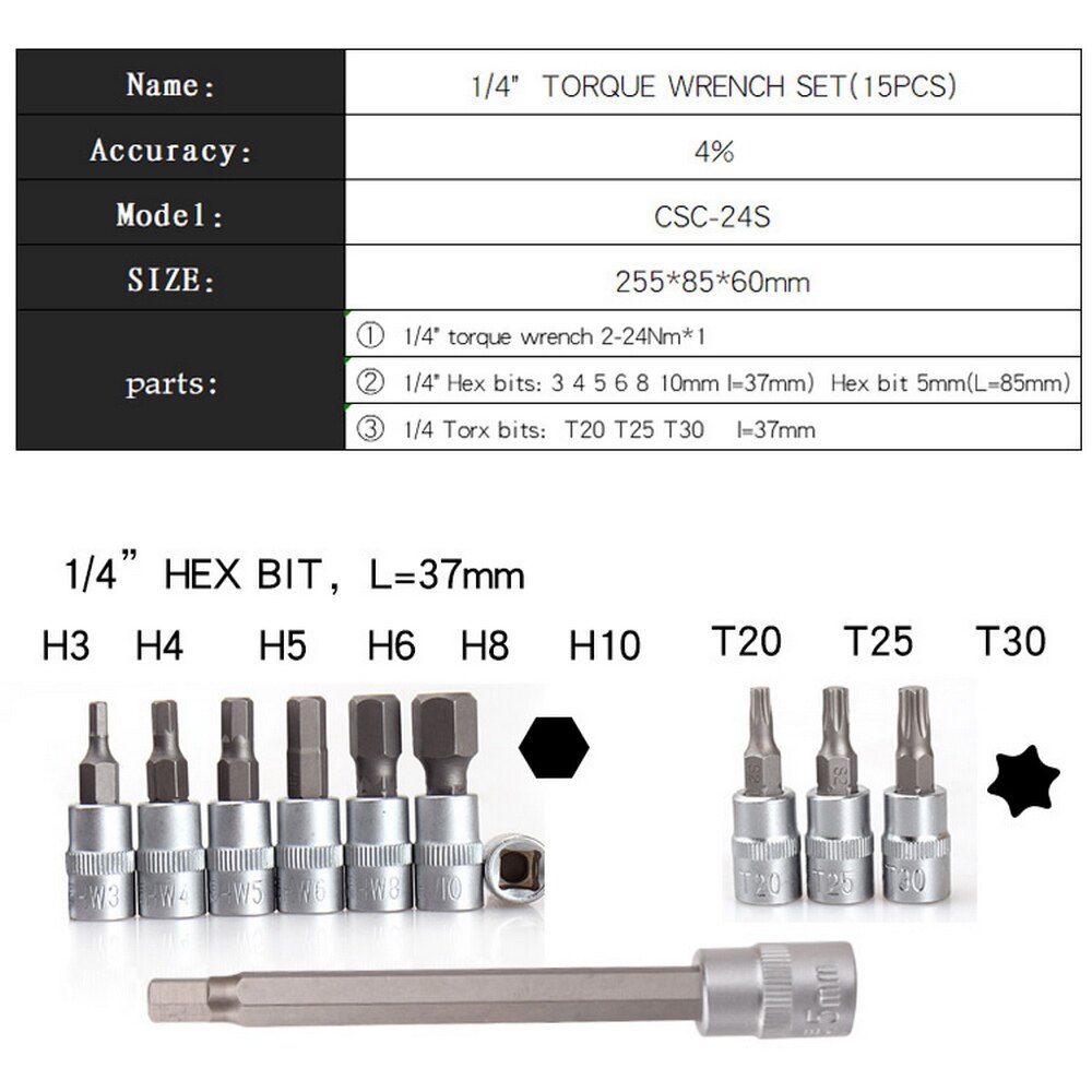 1/4" 2-24Nm Bike Torque Wrench Set Bicycle Repair Tools Kit MTB Road Bike Adjustable Preset Torque Spanner Tool High Precision