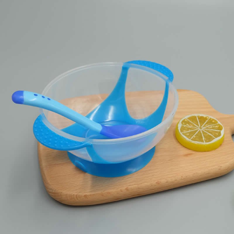 Baby Tableware Dinnerware Suction Bowl with Temperature Sensing Spoon baby food toddler boy girl dinner Feeding Bowls dishes: blue  spoon