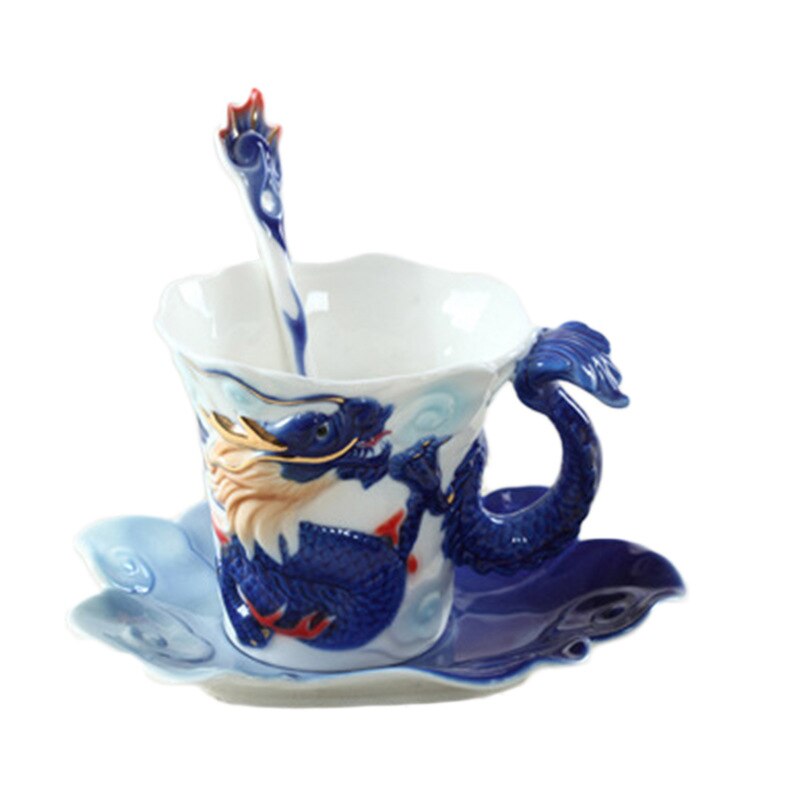 Enamel Porcelain Dragon Phoenix Coffee Cup Dragon Mug Tableware Set