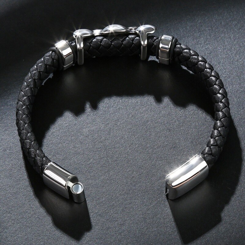 Punk Leather Braided Bracelet Flame Stainless Steel Magnetic Clasp Bangle Stylish for Men Women Cuff Bracelets