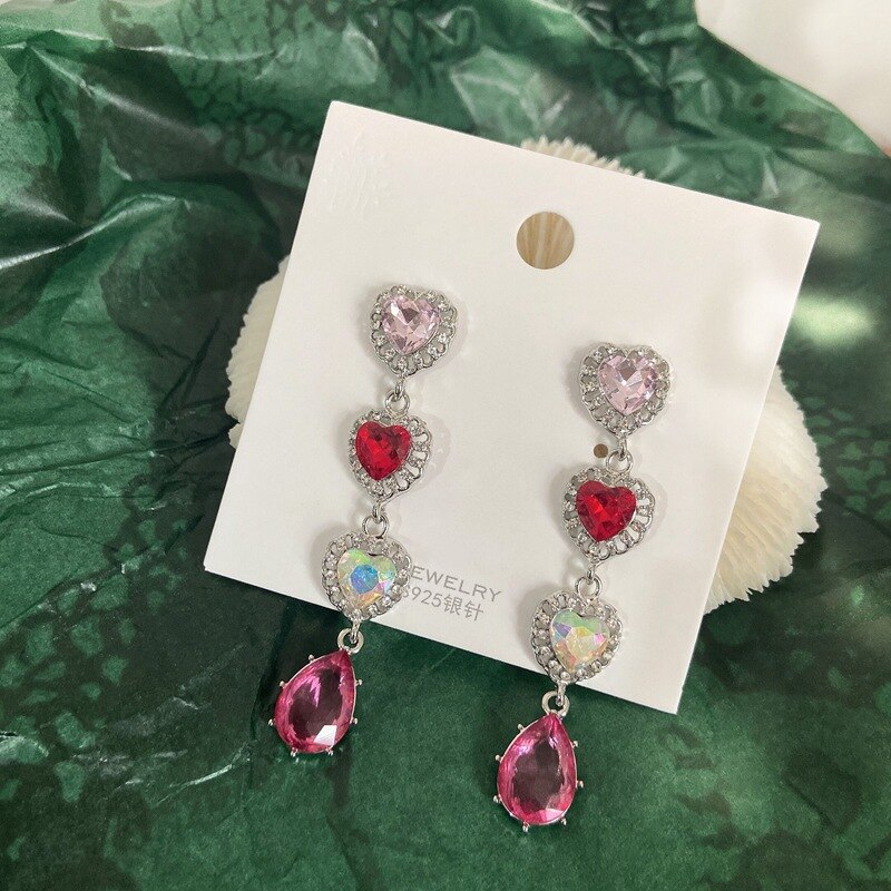 MENGJIQIAO Coreano Caldo di Vendita di Lusso Rosso Cuore di Cristallo Lunga Pendientes Mujer Moda Elegante Variopinto Orecchini A Pendaglio Del Partito Dei Monili: color argento