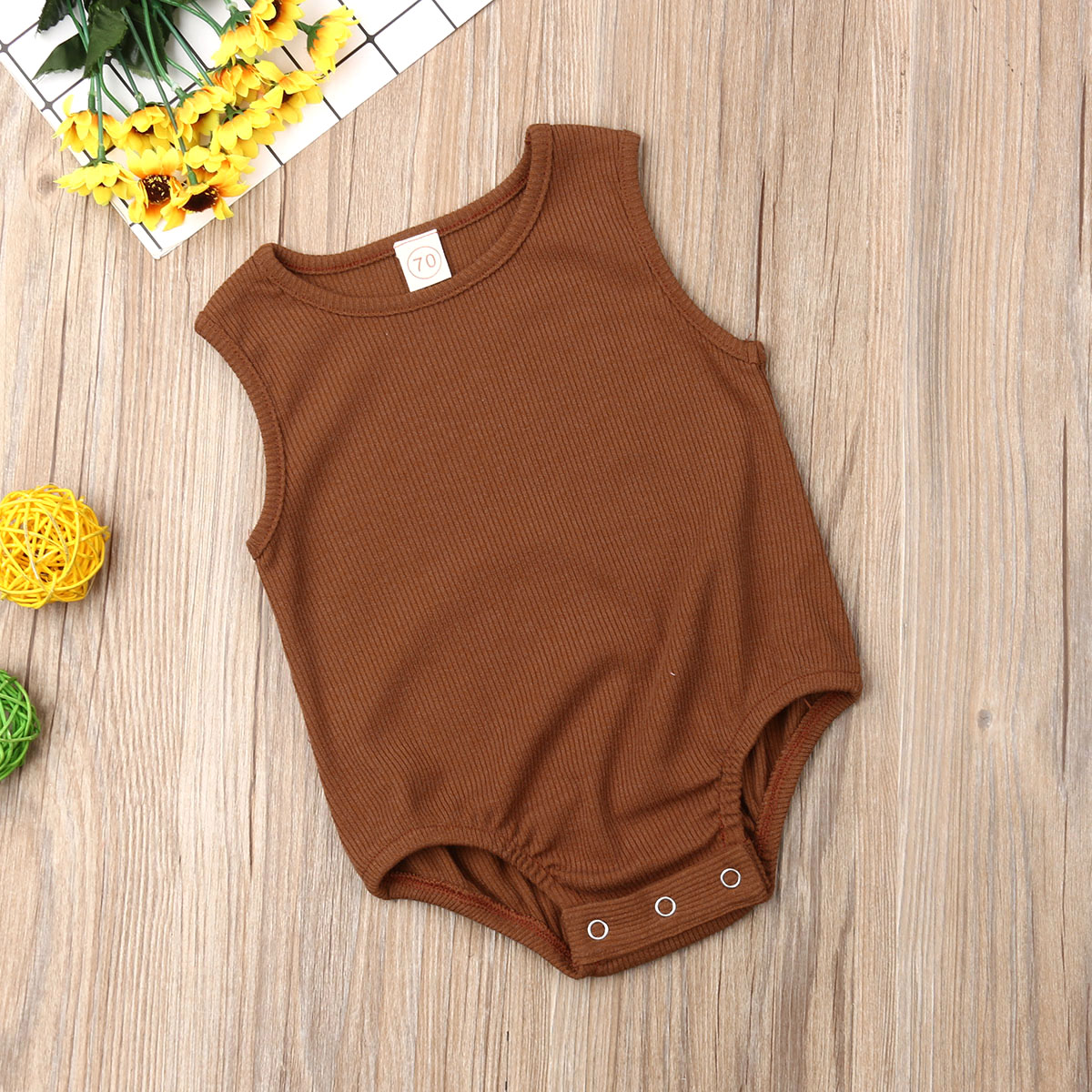 Newborn Baby Boy Girl Knit Solid Ribbed Bodysuit Jumpsuit Cotton Outfits Sleeveless Sunsuit 0-24M Children Summer Clothing: Khaki / 12M