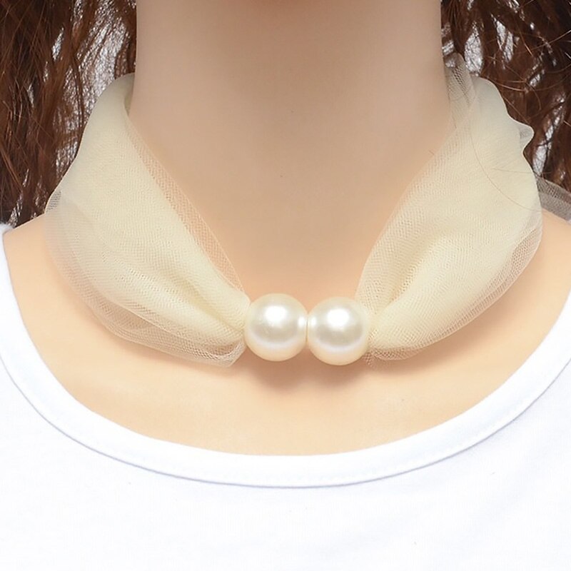 Spring Net Yarn Pearl Scarf Necklace Women Choker Party Jewelry Pure Color Scarf Necklaces: Beige