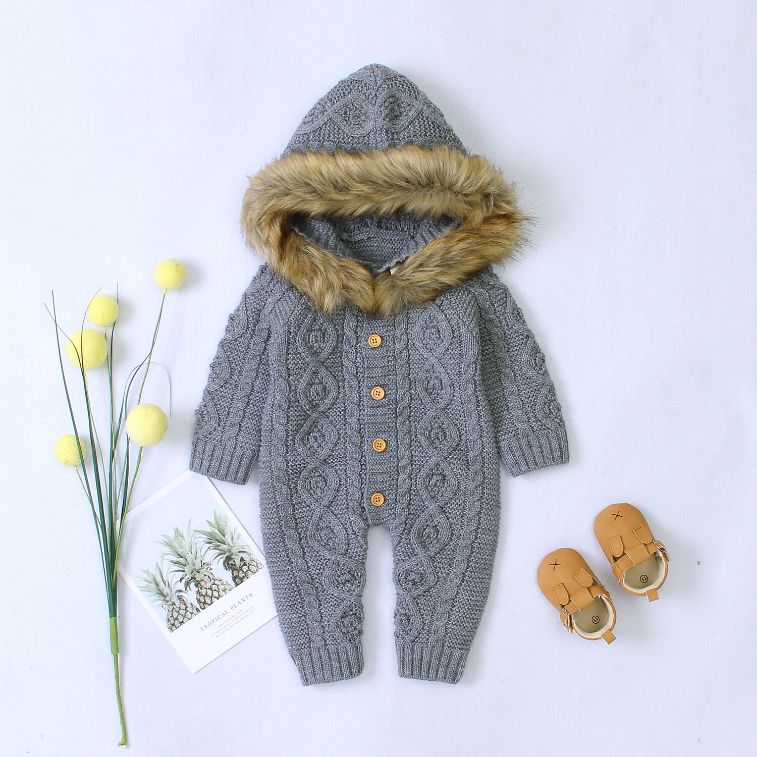 Mise au point 0-18M hiver bébé garçons barboteuses solide à manches longues simple boutonnage fourrure à capuche tricot combinaisons