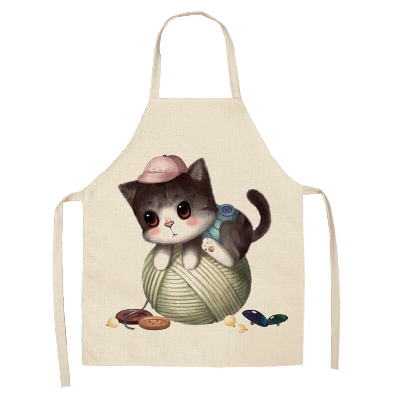 Keukenschort voor vrouwen, schattige cartoon kat bedrukt, mouwloze katoenen linnen schorten voor koken, schoonmaakgereedschap 53*65cm: D