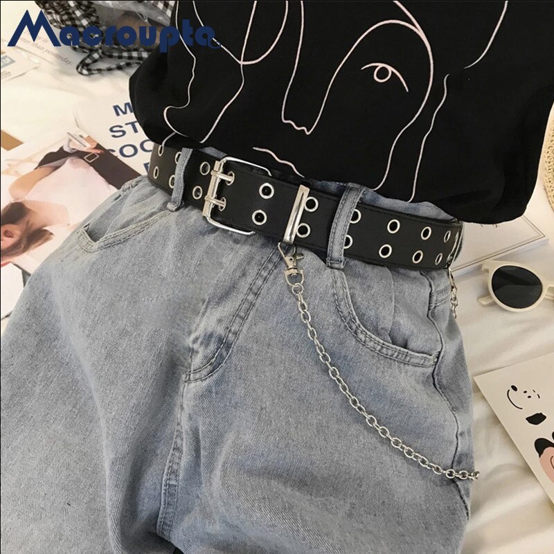 Harajuku Vrouwen Punk Ketting Riem Verstelbare Zwarte Dubbele/Enkele Oogje Grommet Metalen Gesp Leer Tailleband Voor Jeans