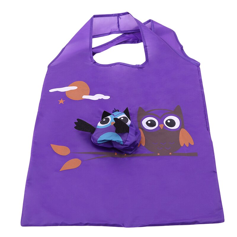 Cartoon boodschappentas schattige uil opvouwbare herbruikbare organizer voor buiten supermarkt boodschappen draagbare opbergtas met grote capaciteit: Paars