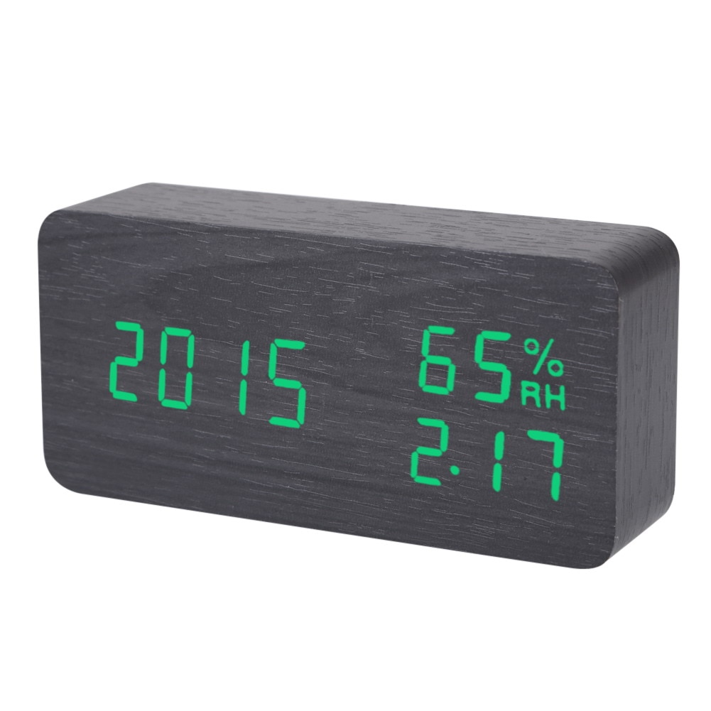 Electronic LED Alarm Clock Sound Voice Control Light Digital LED Time Humidity Display Wooden Desk Alarm Clock