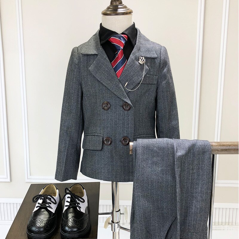Brittisk stil barn & #39 ;s dubbelknäppt kostym set blompojkar randiga kavajbyxor 2 st kläder set barn bröllopsfest kostym: Grå kavajväst / 7t