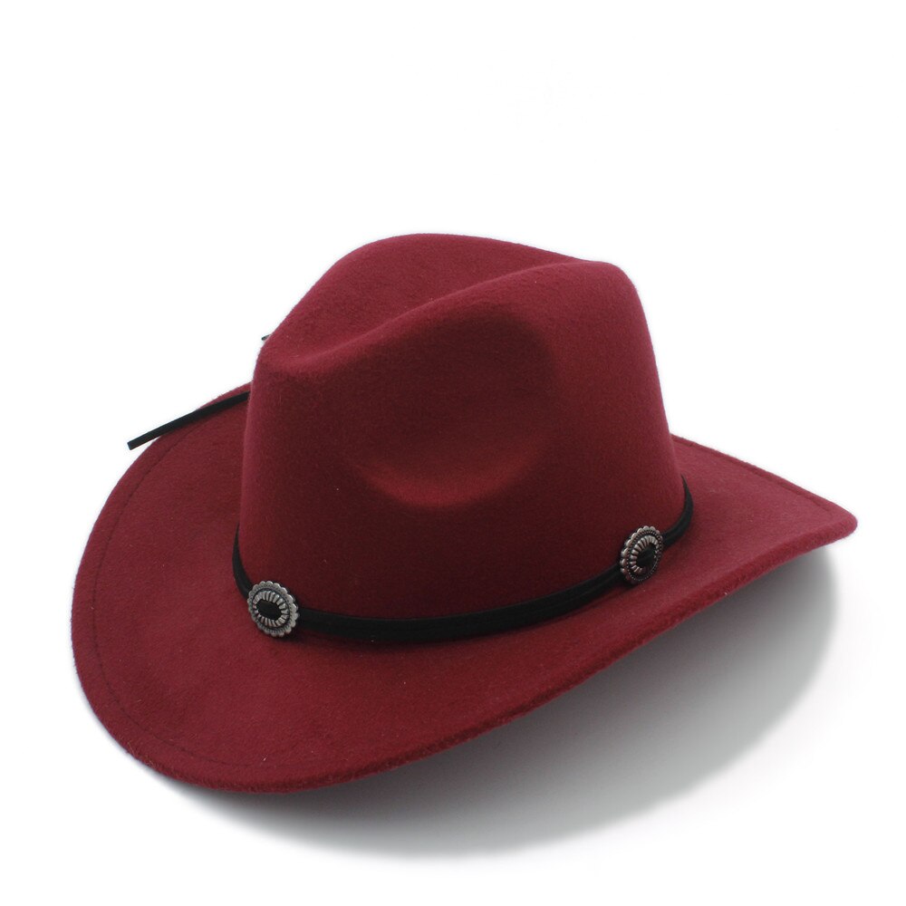 Uld barn kids western cowboy hat til dreng pige cowgirl jazz kirke kasket med læder toca sombrero kasket 4-9 år: Rødvin