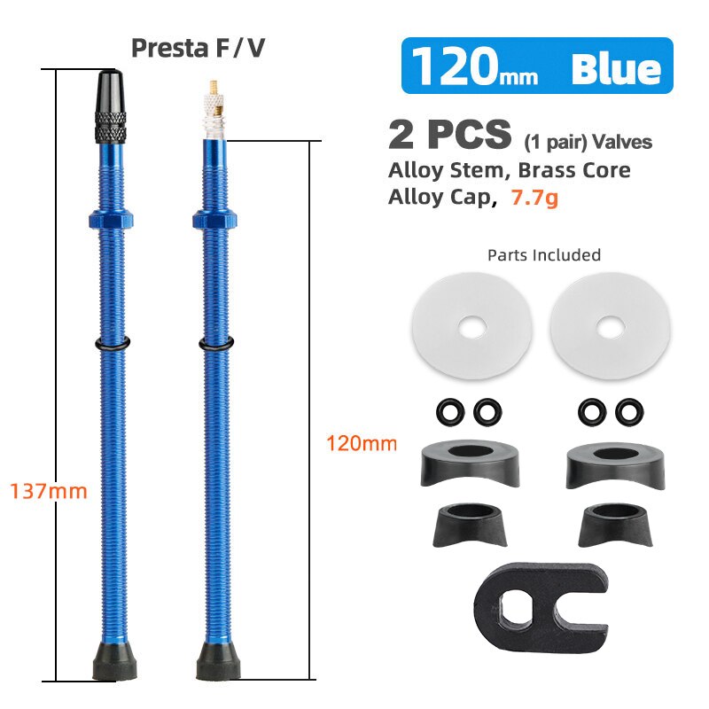 Deemount 2PCS Bicycle Tubeless Tire Presta Valve Brass Core Optional Brass Alloy Stem 40/60/80/100/120mm W/ Alloy Cap &amp; Tool: 120mm Alloy Blue B