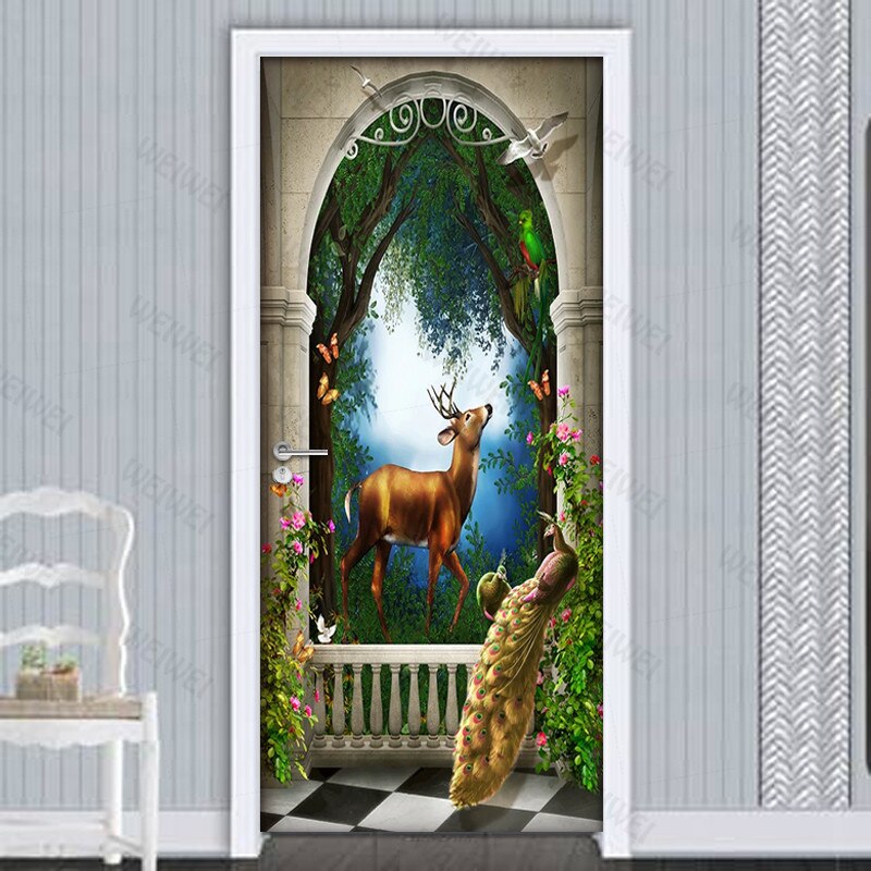 Peacock Deer 3D Door Sticker Mural Living Room Children Room Bedroom Door Decoration Photo Wallpaper Pvc Waterproof Wall Decals