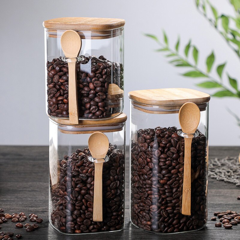 Caixa de armazenamento de cozinha de 800-1200ml tamanho, usando vidro transparente selado enlatado frasco de feijão de café de doces, com colher e tampa de bambu