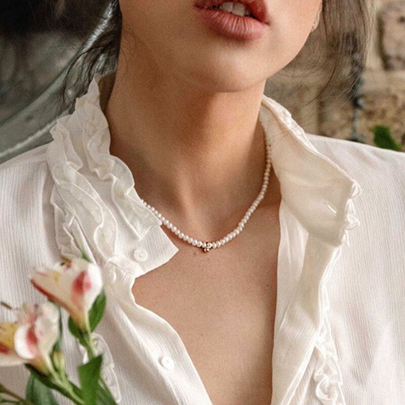 Vintage Round Pearl Necklace For Women Girls Retro Gold Bead Pendant Necklaces collier de perles Jewelry: CS52988