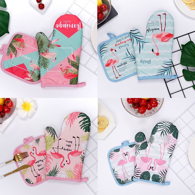2PCS 1 Set Cotton Flamingo Kitchen Pad Cooking Microwave Baking BBQ Oven Potholders Oven Mitts Kitchen Gloves Mitts