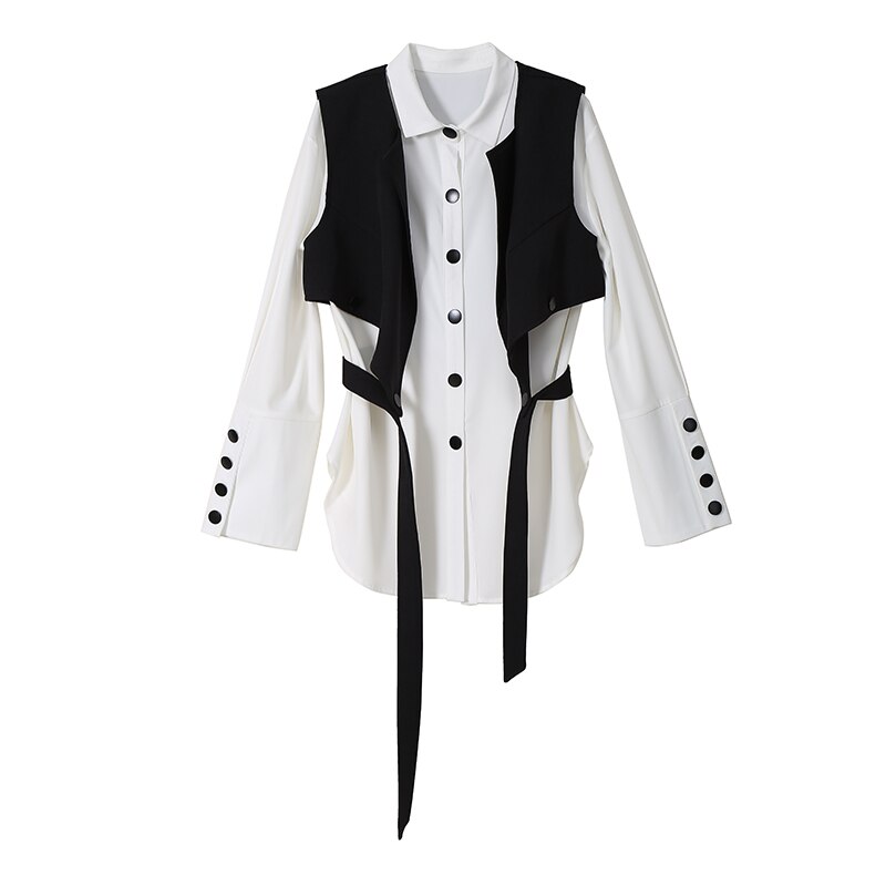 Langærmet ensfarvet hvid todelt sæt bluse skjorte og vest koreanske bluser feminin skjorte chemise femme 5412: Dragt 5412