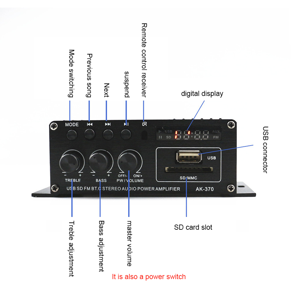 AK-370 Bluetooth Amplifier Mini Digital Power Audio Car Amplifier 20W+20W 12V HIFI Stereo Audio Amplifier for Home Theater Party