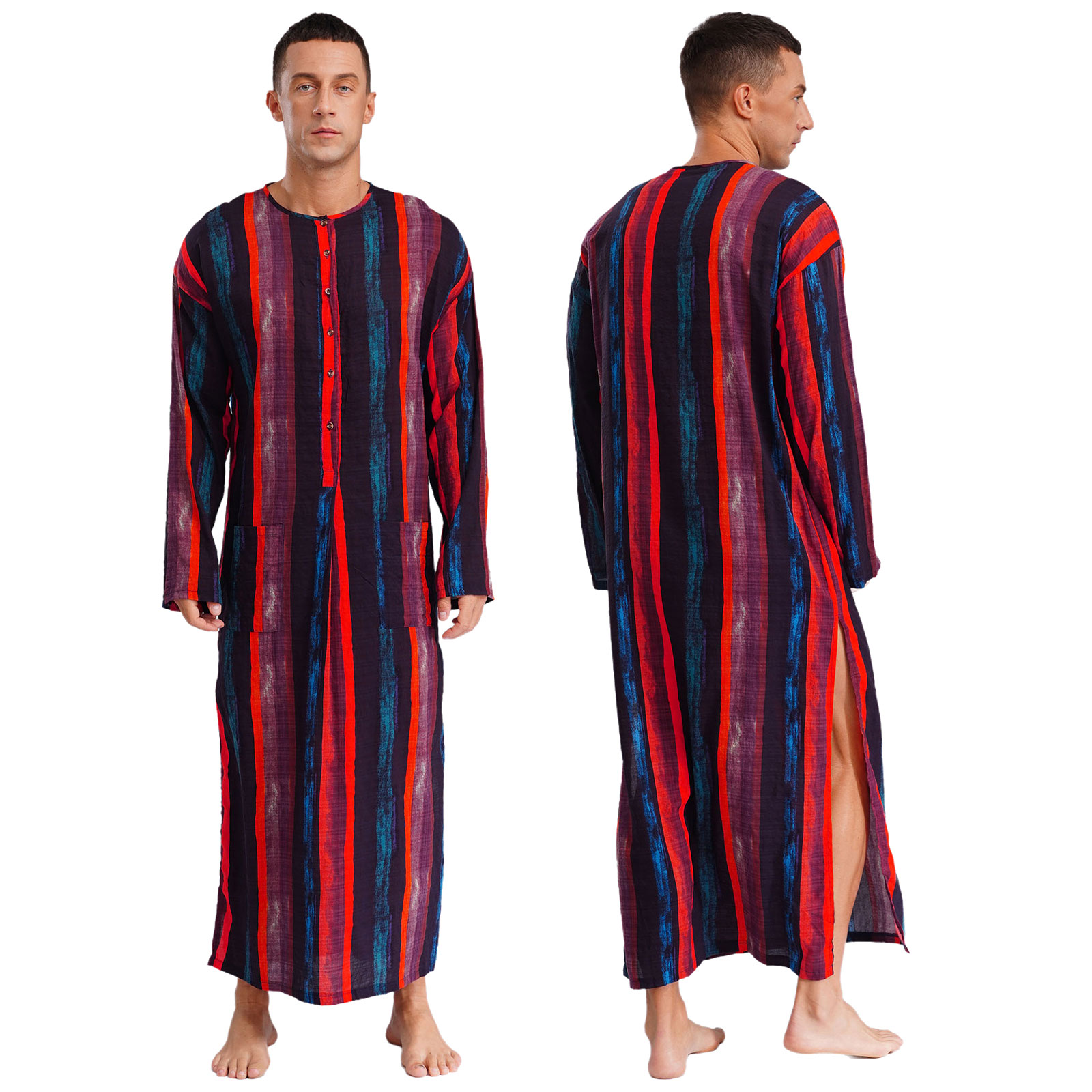 Mannen losse jurk Midden-Oosten Islam Moslim Thobe Ronde Hals Lange Mouw Streep Lange Jurk Knoppen Arabische Jubba Thobe Shirt Jurken: 5XL / Crème