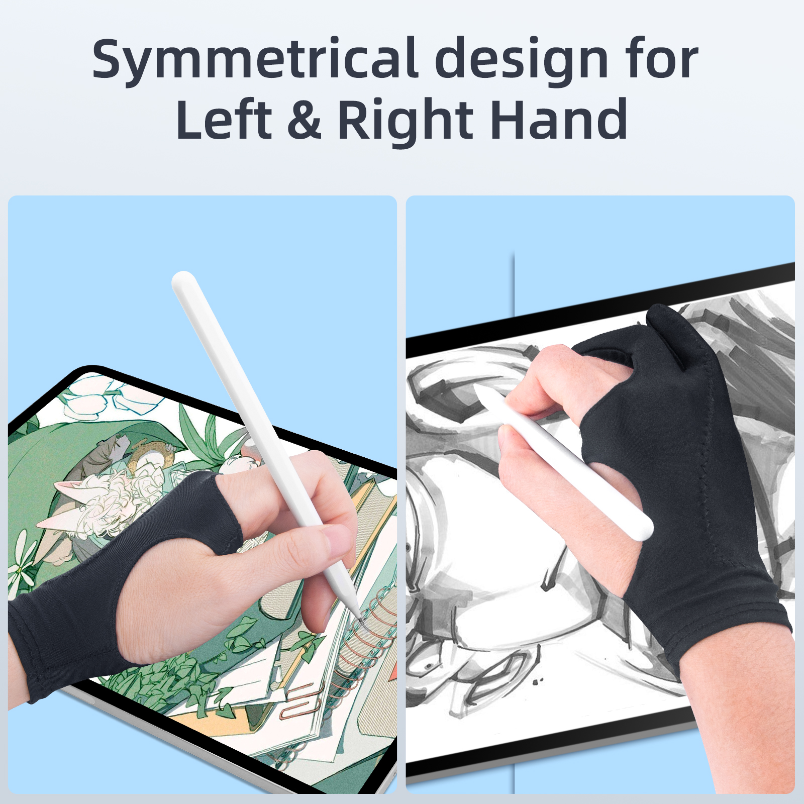 Luva de desenho artístico para qualquer mesa de desenho gráfico, 2 dedos, antiincrustante, para mão direita e esquerda, luvas pretas de desenho, 1 peça