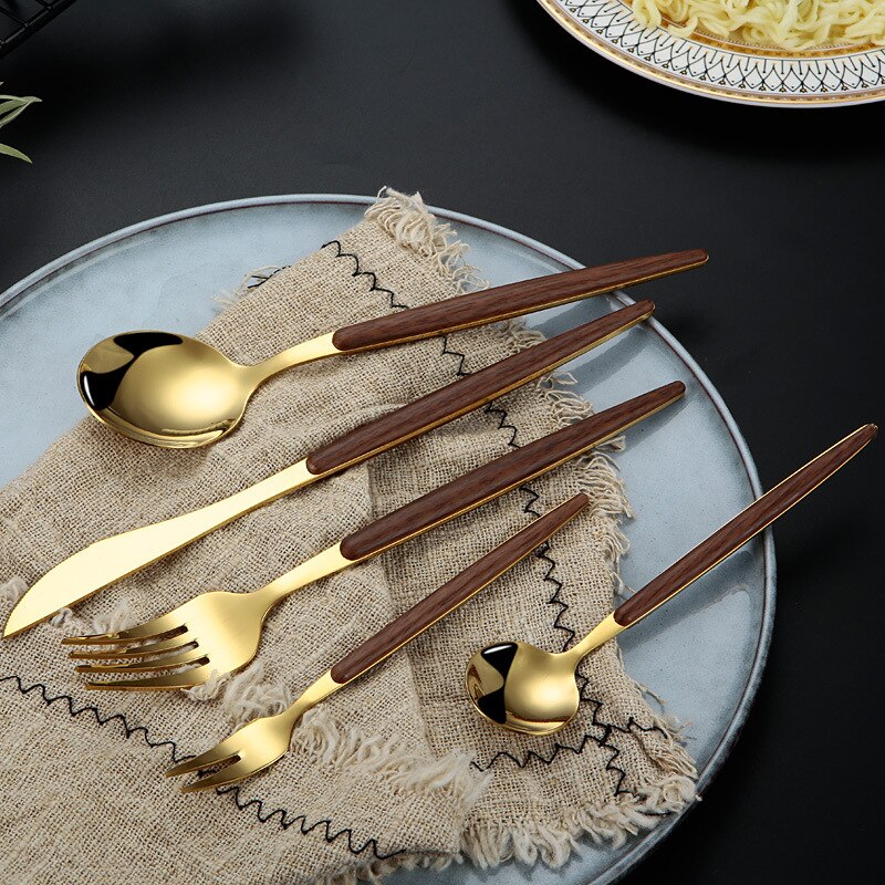 Roestvrij Staal Bestek Houten Handvat Servies Bestek Set Vork Mes Lepel Thee Lepel: 20 pcs set