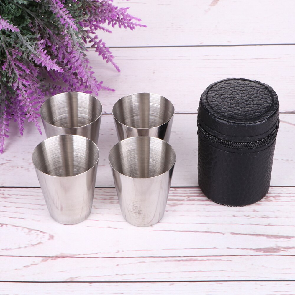 4 Stuks 30Ml Rvs Cups Bier Whiskey Mokken Outdoor Travel Cups Schot Kopjes Drinken Met Zwart Lederen carrying