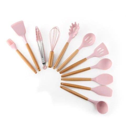 11pcs non-stick spatula kitchen utensils cooking set Multi-color storage barrels wooden handle silicone kitchen utensils