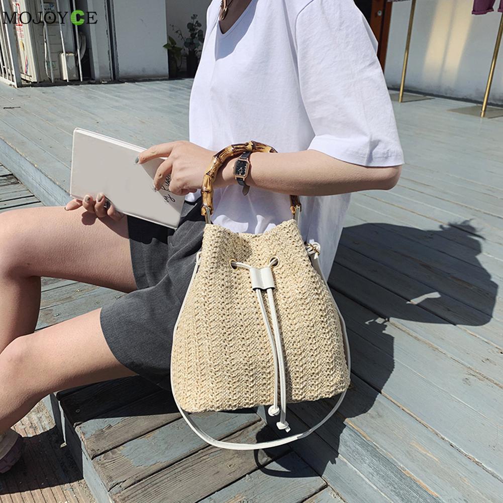 Straw Rope Woven Drawstring Shoulder Pouch Women Handmade Woven Bohemian Summer Beach Vacation Top-handle Bucket Handbag