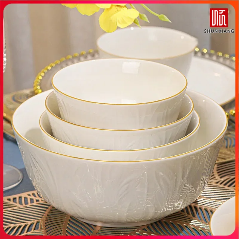 Pure White Ceramic Tableware Relief Golden Edge Fruit Vegetable Plate Easy-to-clean Rice Bowl Kitchen Tableware