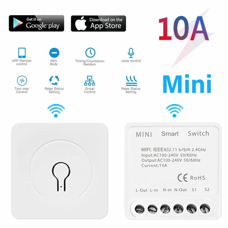 Meakiss Wifi Mini Smart Switch 10A 2-Way Switches Tuya SmartLife App Timer Module Support Alexa Google Home Alice Voice Control