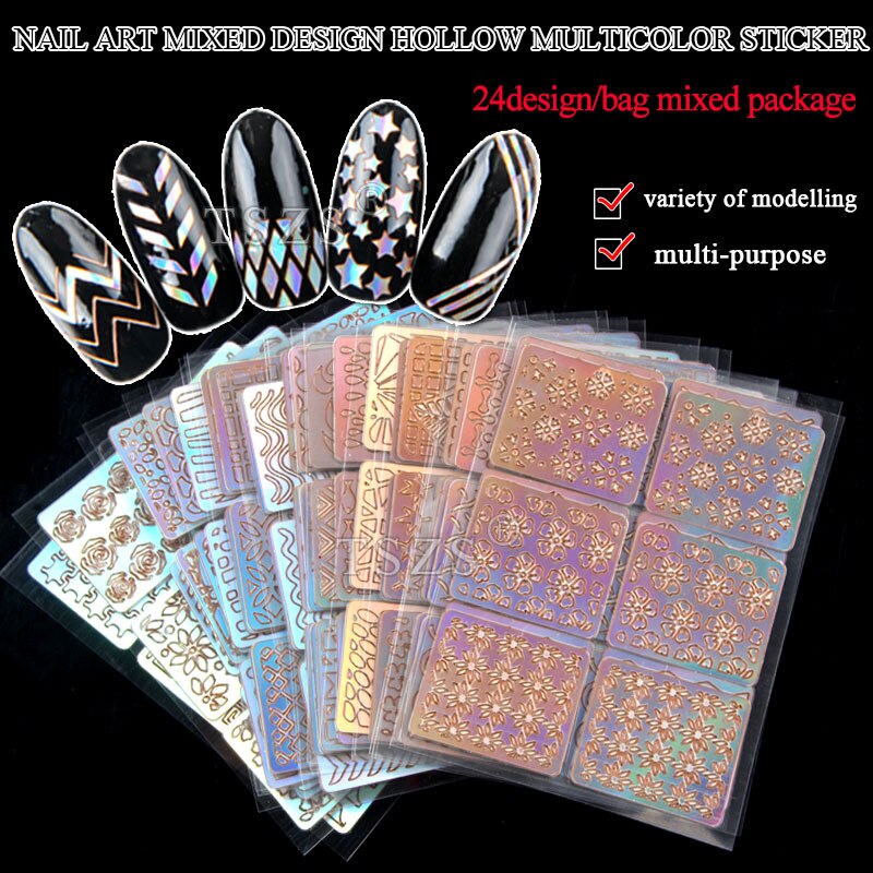 24 unids/lote NAIL ART Plantilla de vinilo guía pegatina Plantilla de manicura pegatinas clavo hueco arte mixto SESIGN