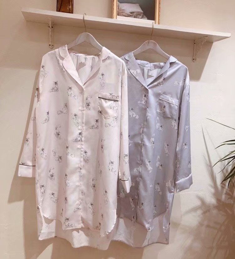 Japan gp katt tryck silke pyjamas nattkläder hemkläder: Rosa klänning