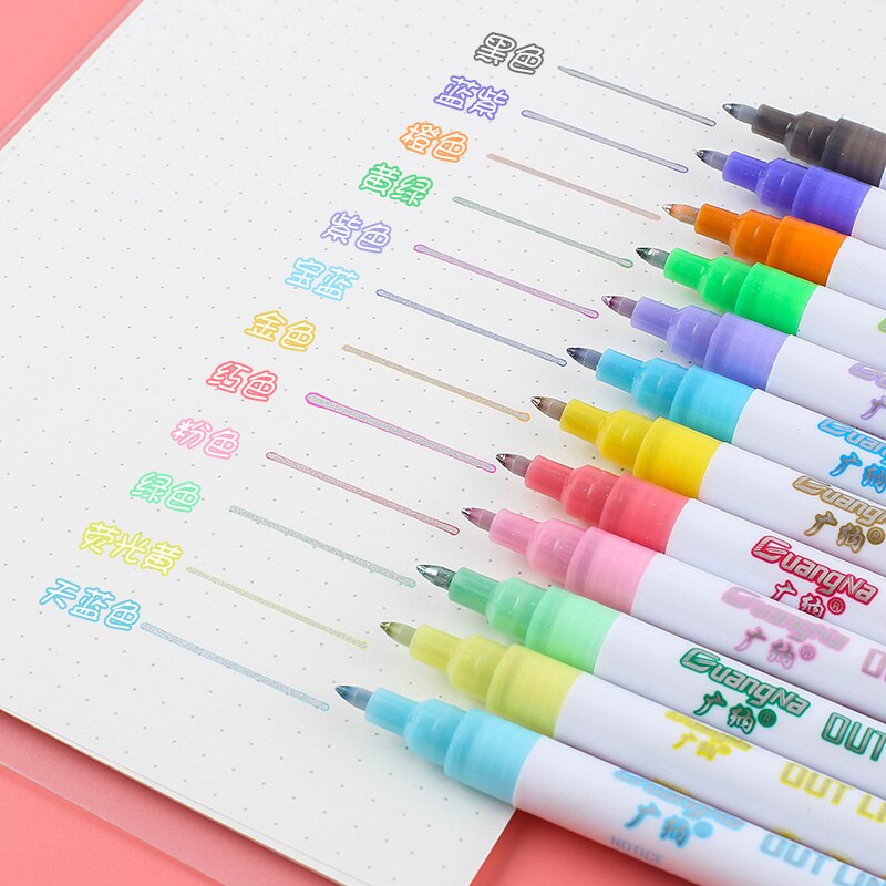 12 Magic Double Lines Art Markers Pen Out Line Pen Fine Liner Marker Fineliner Calligraphy Lettering Pen Color Scrapbooking Pens: 12 color 0.7mm tip