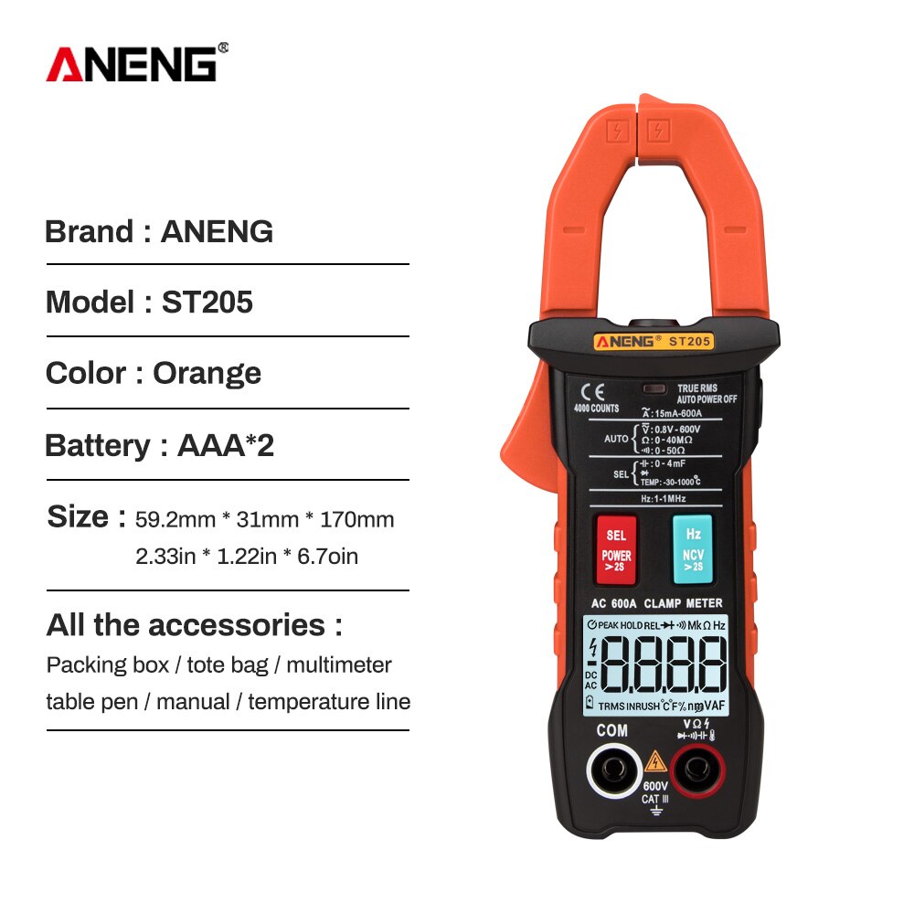 ST205 Digital Clamp Meter Analog Multimeter Current Clamp DC/AC Intelligent AUTO range meter with temperature tester: Orange
