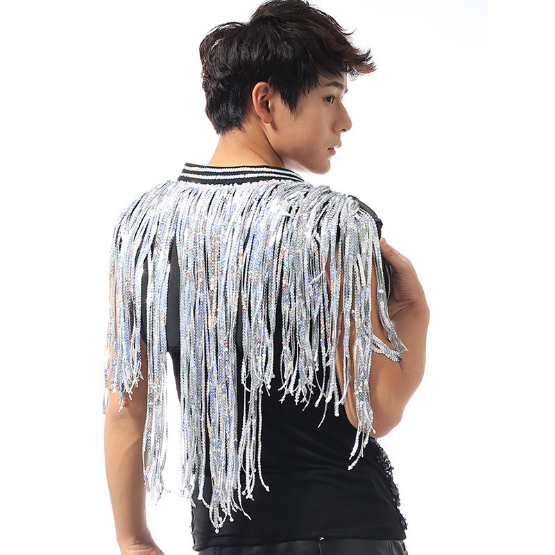 Beyonce Bar Singer DS Costume Men&#39;S Flash Drill Super Long Fringe Tassel Vest Jacket Men Rave Clothes Jazz Sequin Tops DNV10064