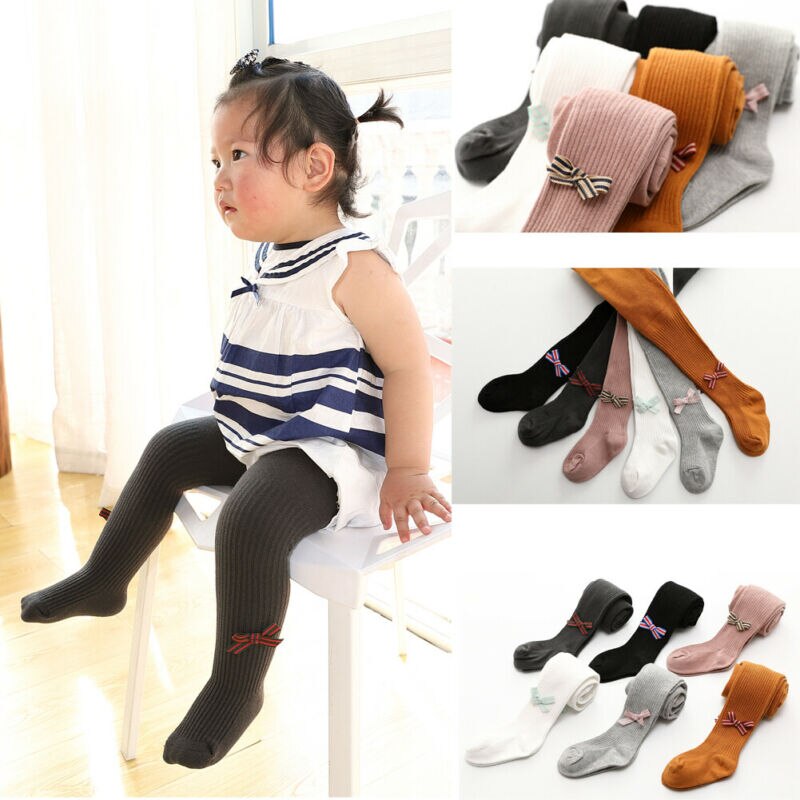 Baby Girls Kids Solid Color Striped Pattern Design Double Bows Pantyhose