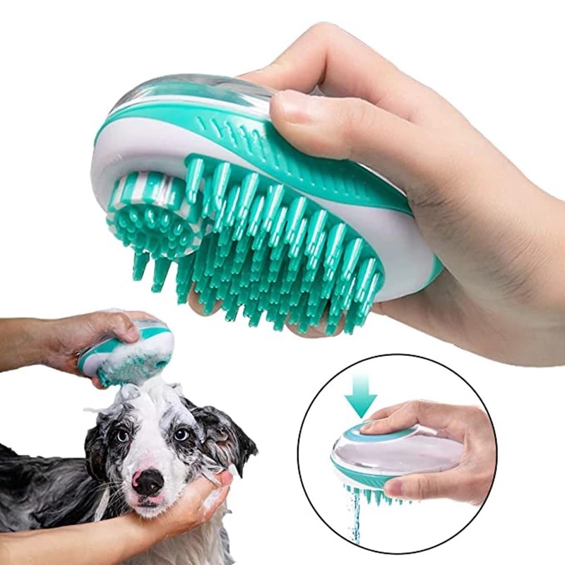 Escova de banho para cães e gatos, 2 em 1, pente de massagem spa para animais de estimação, silicone macio, chuveiro de animais de estimação, aliciamento de cabelo, ferramenta de limpeza de cães, suprimentos para animais de estimação
