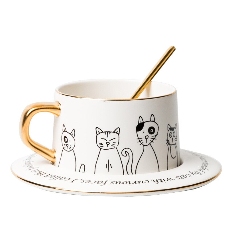 Tasse à café européenne et soucoupe ensemble dessin animé chat à la main porcelaine nordique Ins Simple noir blanc tasse à café le pichet