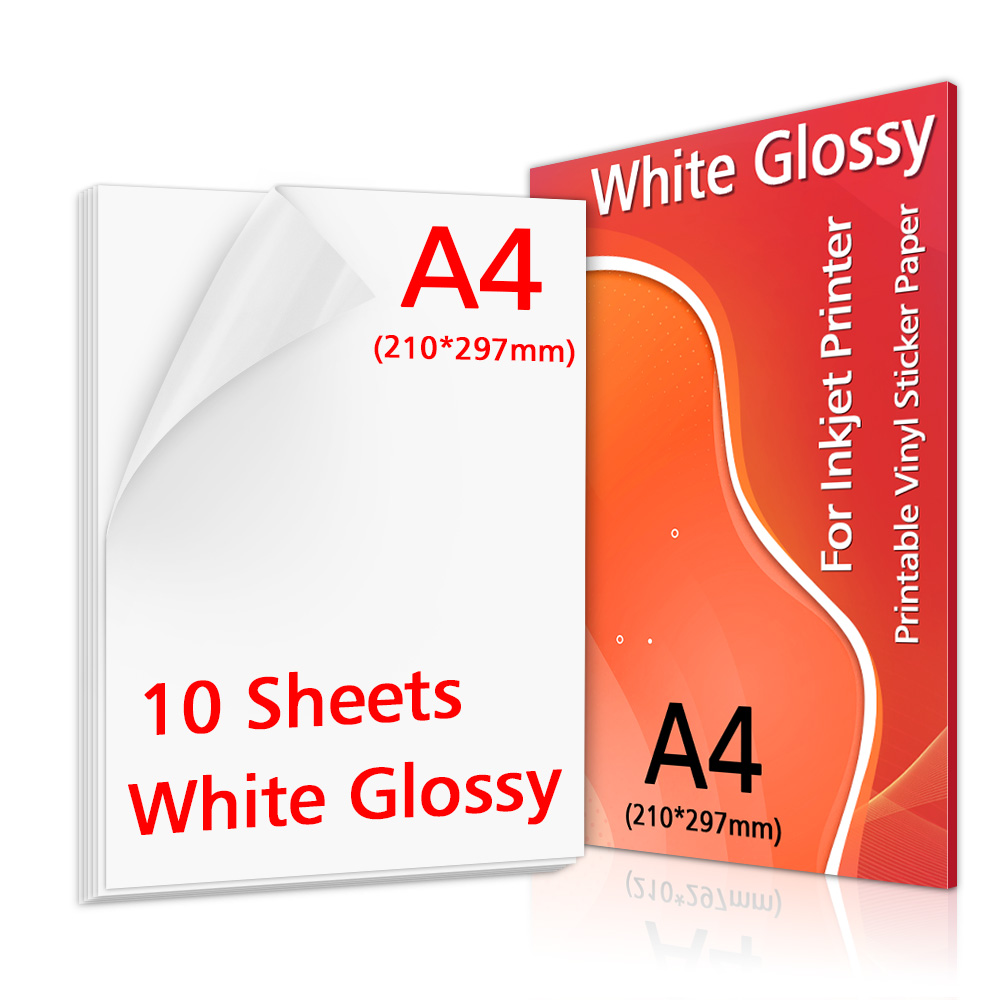 10/20/30/40/50/100 Sheets Transparant Printable Vinyl Sticker Papier A4 Waterdichte Zelfklevende kopieerpapier Voor Inkjet Printer: 10-White Glossy