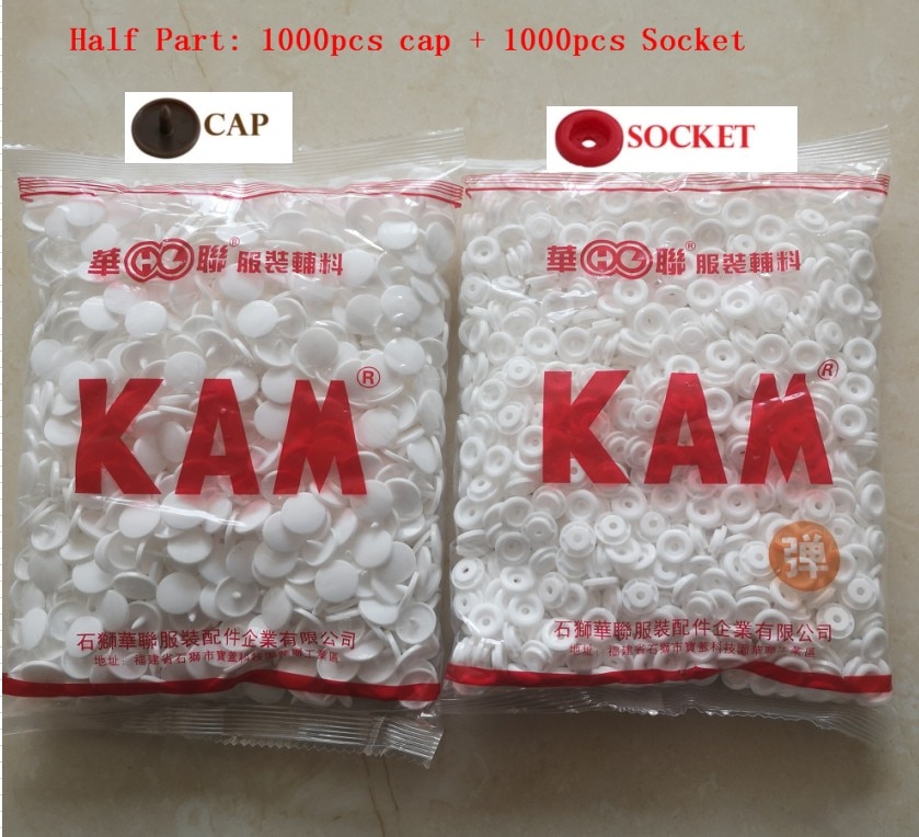 1000pcs/bag Black White Kam snap Button T5 Half Sets KAM Snaps Press Poppers Resin Snaps Fasteners: cap with socket