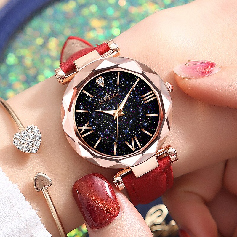 Women Watch Leather Band Ladies Quartz Wrist Watch Starry Sky Round Dial Roman Number Rhinestone Leather Band Watch: Red