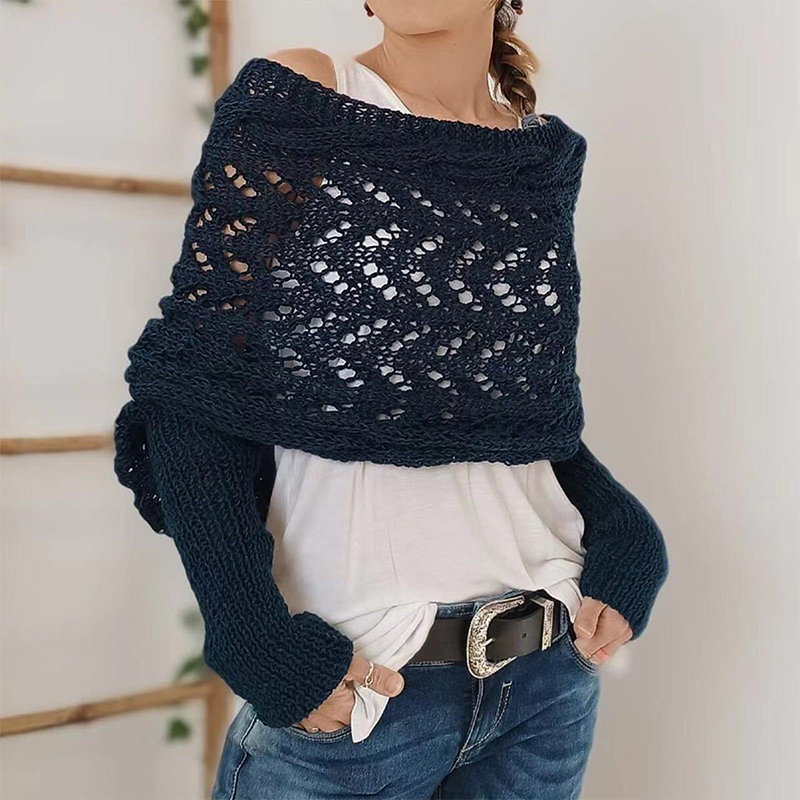 trenzado, envoltura de manga con mangas, Color sólido, patrón de ganchillo con giro hueco, chal para mujer, bufanda, suéter de estilo bohemio: Azul oscuro